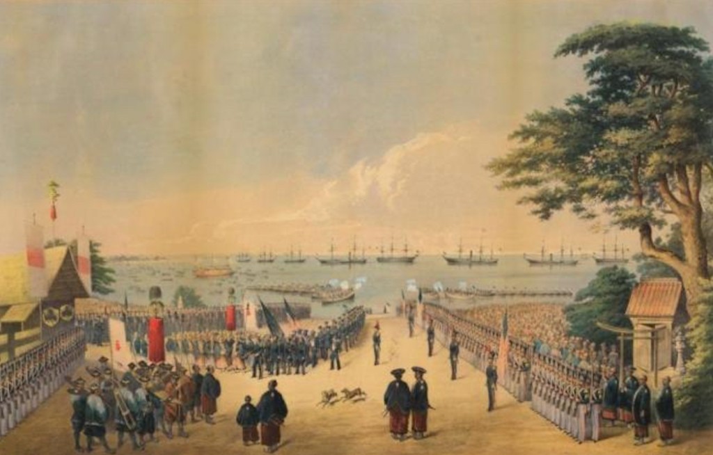 Pintura histórica da chegada dos Black Ships ao Japão em 1853 — a abertura forçada do país ao Ocidente marcou o início de transformações que quase levaram à extinção dos cães nativos japoneses