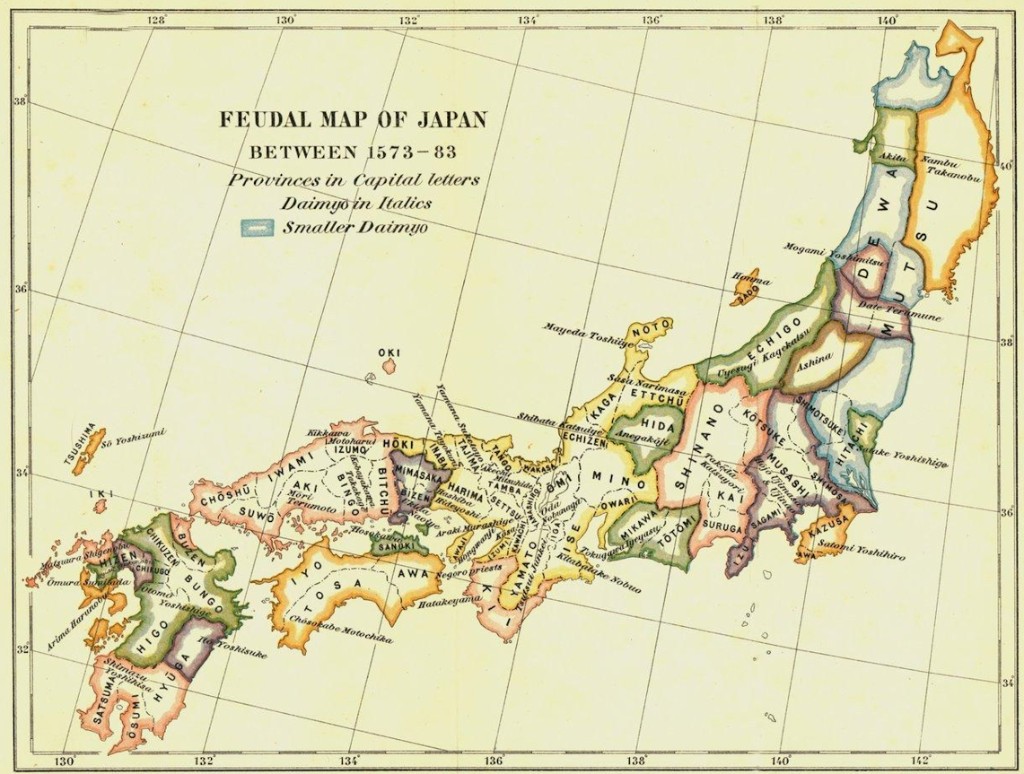 Mapa das antigas províncias do Japão feudal entre 1573–83 mostrando Shinano, Mino, San'in e outras regiões onde se desenvolveram os tipos regionais de cães japoneses
